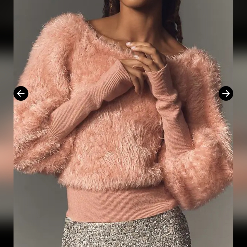 Anthropologie Faux-Fur Off-The-Shoulder Sweater Pink Fuzzy Sweater Medium